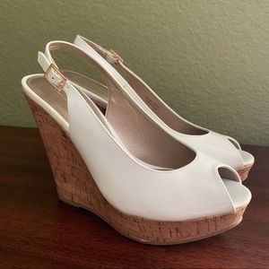 White peep toe cork wedges
